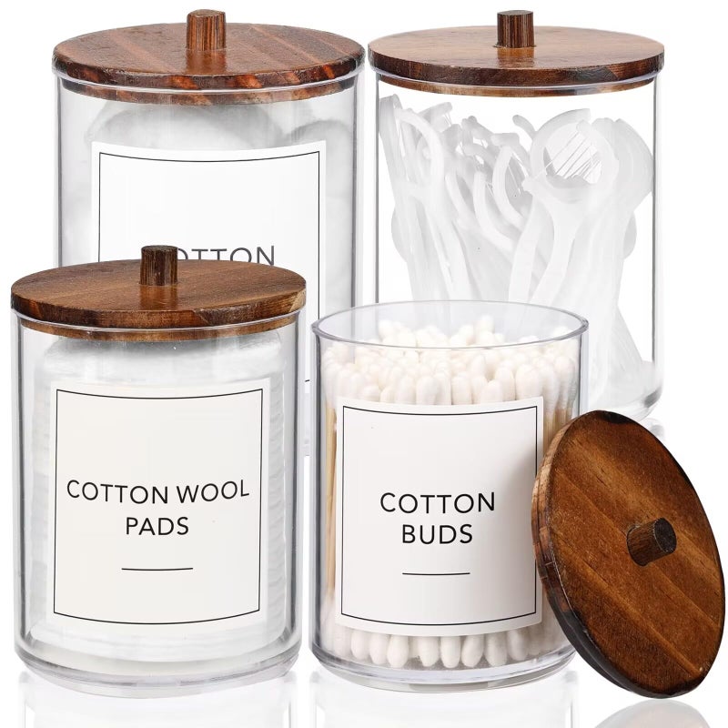 Temoyj 4 Pack Qtip Holder Dispenser with Wood Lids - 10 oz Clear Plastic Apothecary Jar Containers for Vanity Makeup Organizer Storage - Bathroom Accessories Set for Cotton Swab Pads  Ball  Floss - Image 1